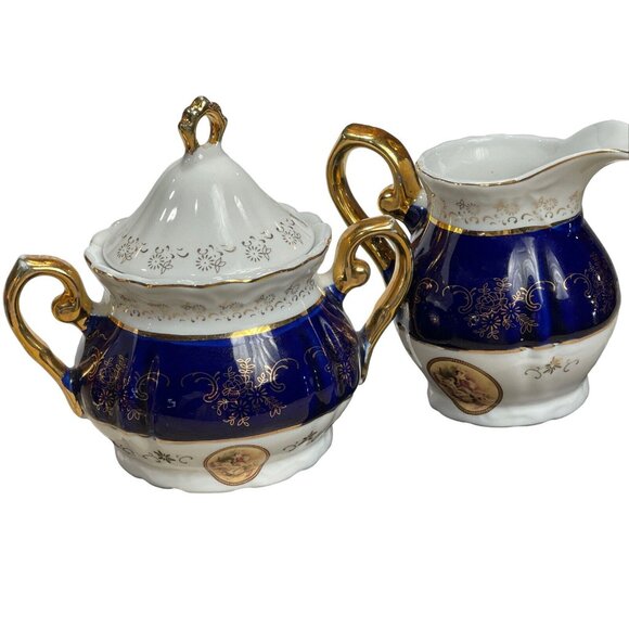 Vtg Italian Design Victorian Teapot Creamer Sugar Fine Porcelain Blue White Gold - Picture 3 of 12